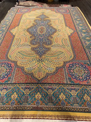 SUPER PERSIAN QUM MACHINE MADE YELLOW 6’7”X8’7” ORIENTAL RUG